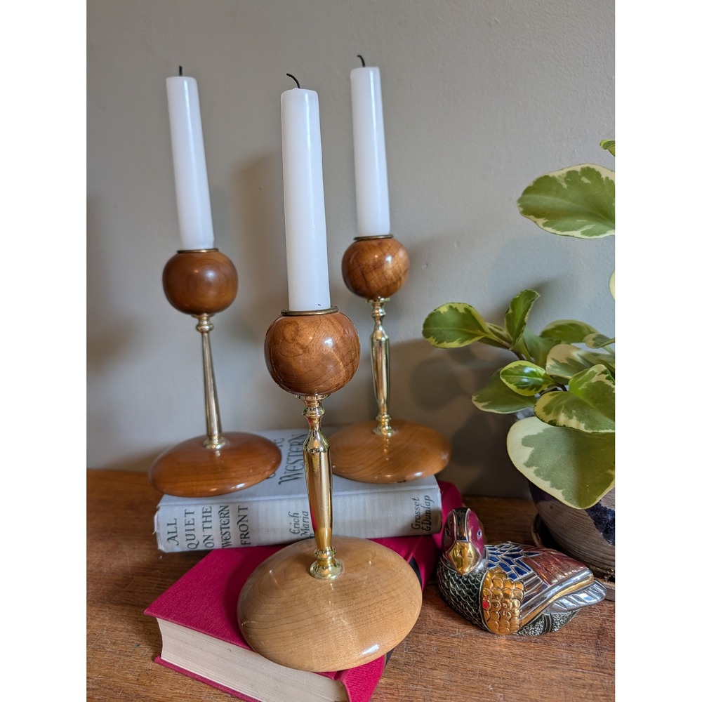 Vintage Mid Century Modern Oregon Myrtlewood Candlestick‎ Holders Set of 3 Gold
